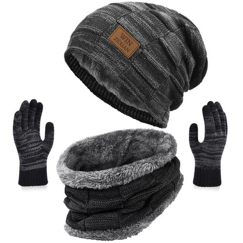 Mens 3 Pieces Winter Warm Beanie Hat Scarf and Touchscreen Gloves Set,Knit Cap Neck Warmer with Fleece Lined (Beanie+Scarf+Gloves(Black01))