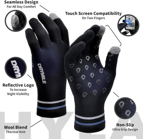 DRYMILE Hyla Waterproof Gloves - Warm Touchscreen Winter Snow Wool Blend Hand Gloves for Men & Women - Work, Hiking, Skiing, Running, Biking, Riding Glove, Ideal for Cold Weather - L, Black
