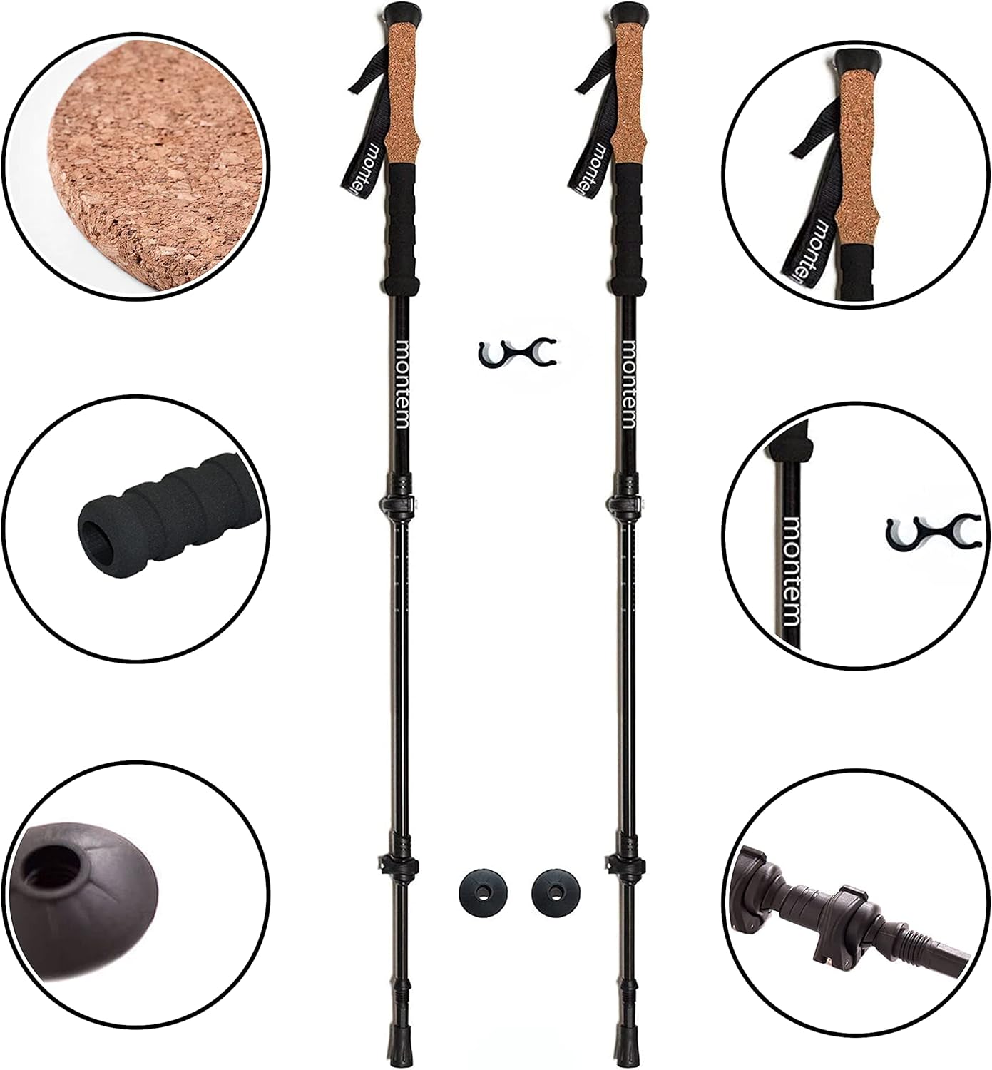 Montem Ultra Strong Trekking, Walking, and Hiking Poles - One Pair (2 Poles) Anti-Shock Cork Handle - Collapsible, Lightweight, Quick Locking, and Ultra Durable