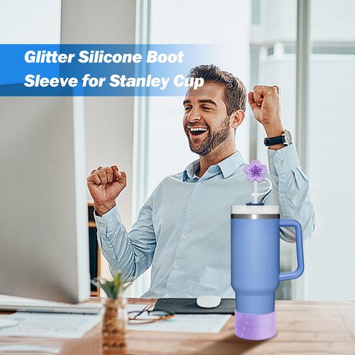 CHEMLLC Glitter Bling Silicone Boot for Stanley Cup 20 oz 30 oz 40 oz, Protector Cover for Stanley Cup Bottom, Cup Accessories Straw Cover (Bling Purple)