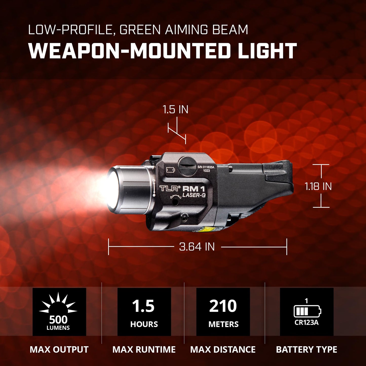 Streamlight 69443 TLR RM 1 G 500-Lumen Rail-Mounted Tactical Weapon Light with Integrated Green Aiming Laser, Remote Pressure Switch, and Key Kit, Black