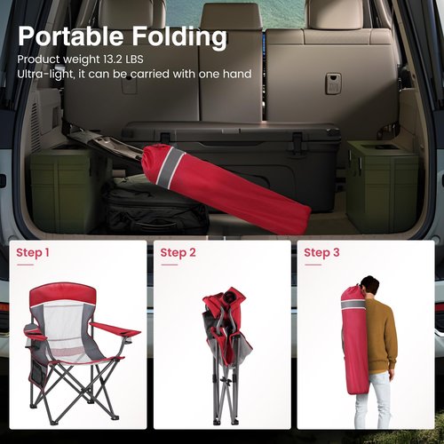 HIGH POINT SPORTS Portable Mesh Back Camping Folding Chair, Heavy Duty Fishing Lawn Chair, Padded Collapsible Outdoor Chair for Adults, Outdoor, Garden, Patio, Red, 2 Pack