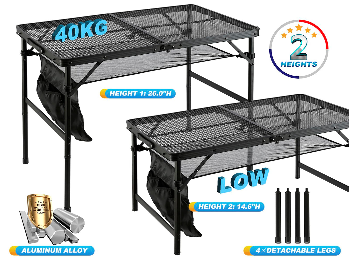 SKIKEN Folding Metal Camping Table with Mesh Layer, Portable & Lightweight Grill Table for Outdoor, 2 Adjustable Heights, Metal Mesh Tabletop for Camping Cooking, Medium Size (2.95 FT, Black)