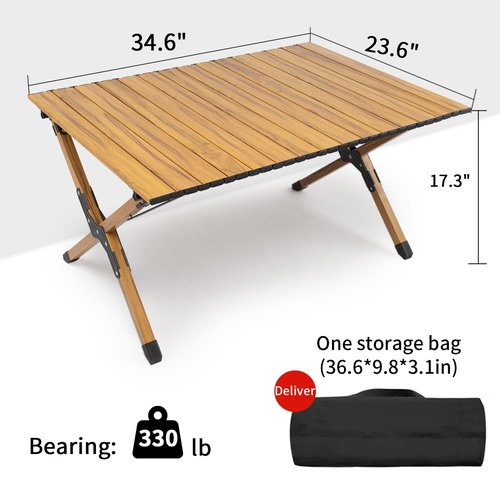 Whitsunday Folding Camping Table Aluminum Portable Roll-Up Picnic Table 4-6 Person for BBQ Backyard Patio Party Wood Grain 34.6 * 23.6 * 17.3