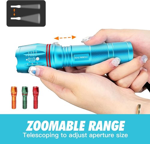 HAUSBELL A100 LED EDC Flashlights High Lumens,Bright, Zoomable, Waterproof, Powerful, Emergency Tactical LED Flashlights for Home and 5 Modes, Flashlight for Camping Gear、Hiking、Walking（2Pack）