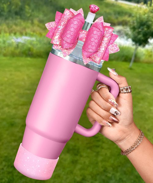 Toykee Cup Boot with Straw Cover for Stanley 40 30 oz - Cute Pink Bow Straw Topper and Diamond Caps with Bottom Protector 3 PCS Sets for Tumbler Accessories
