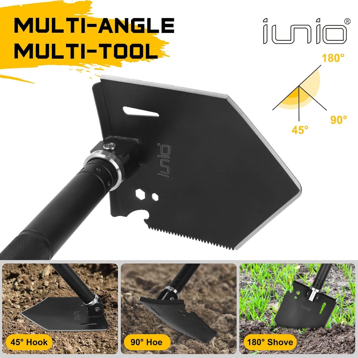 iunio Camping Shovel,Shovel Folding, Portable, Multitool, Foldable Entrenching Tool, Collapsible Spade, for Backpacking, Trenching, Hiking, Survival, Car Emergency