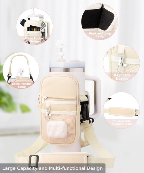Water Bottle Holder with Strap Water Bottle Pouch for Stanley 40oz/30oz Tumbler Water Bottle Carrier Purse with Phone & Earphone Pocket for Stanley Cup Accessories with Straw Cover，A-Z Letter Charms