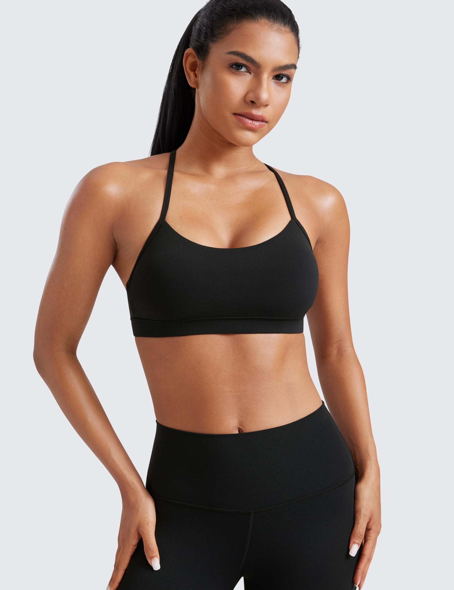 CRZ YOGA Butterluxe Y Back Sports Bras for Women - Padded Racerback Low Impact Spaghetti Thin Strap Workout Yoga Top Black Medium