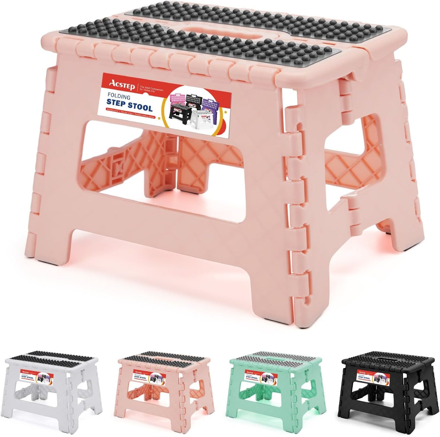 ACSTEP Folding Step Stool Foldable Stool 7.5 Inch Height Kids Step Stool, 300 lb Capacity Plastic Collapsible Stool, Stepping Stool with Handle Black Small Step Stool, Foot Stool Suitable for Kitchen