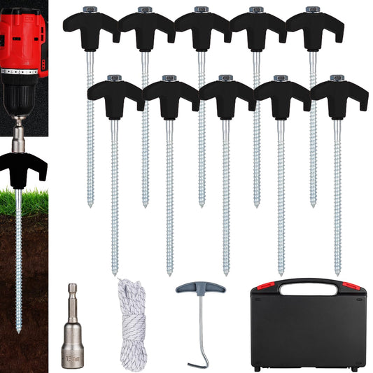 10PCS Screw in Tent Stakes Heavy Duty,8 Inch Screw in Tent Pegs,Metal Camping Stakes,with Hex Head Driver,Nail Lifter,Ropes,Camping Tent Accessories,Black