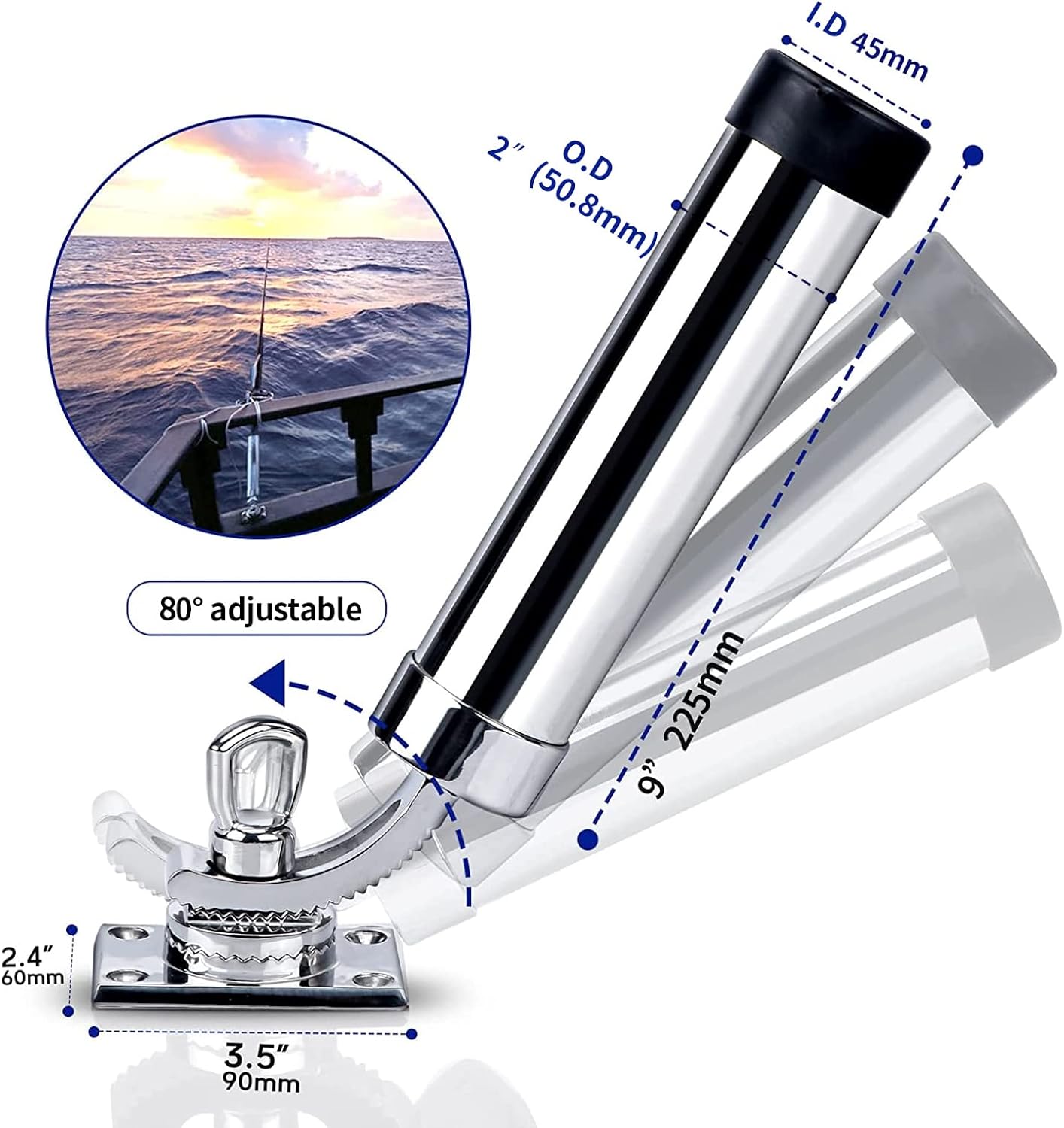 All Angle Deck-Mount Adjustable Fishing Rod Holder - 360° Adjustable - Flange Mount 90 Degrees, Marine Quality