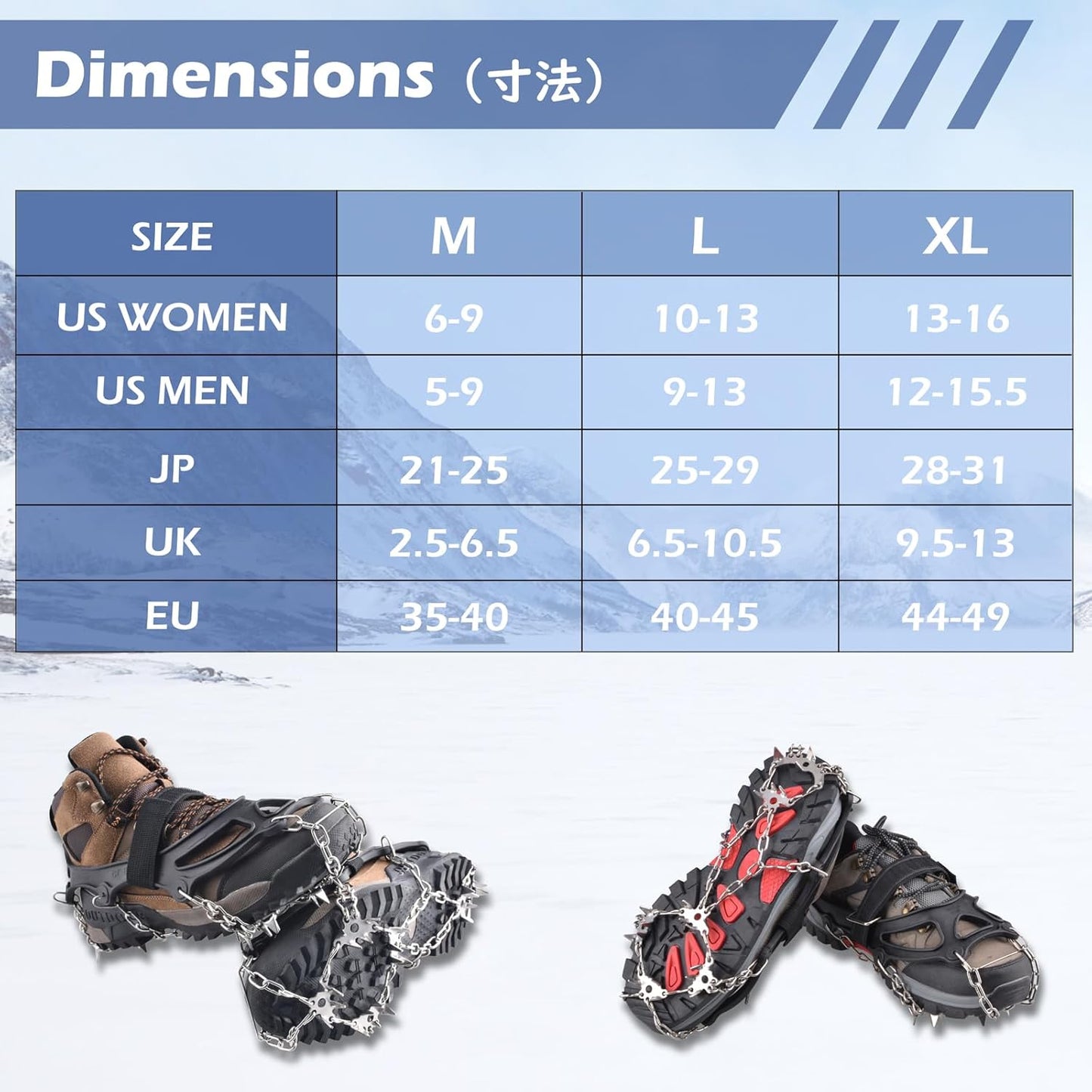 TRIWONDER Ice Grips 10/18/24 Teeth Anti-Slip Shoe Boot Snow Ice Spikes Crampons Cleats Stretch Footwear Traction