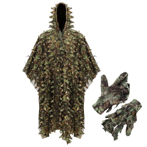 PELLOR Ghillie Suit, 3D Leafy Camo Poncho with Gloves Set, Camouflage Apparel Set for Hunting, Photography, Military, Airsoft, Paintball