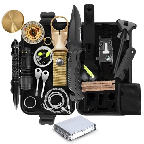 Teakwood Survival Gear - Survival Kit with Storage Case, 28 Pieces, Tactical Equipment for Camping, Backpacking, Adventures and More, Gift for Man, Dad, Husband