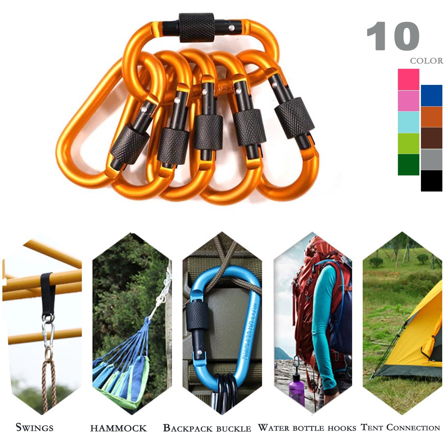 Generic 10 Pack Keychain Clips with Screw Gate, Aluminum Alloy Carabiners, Multiple Color Options, Secure Locking, Durable Design, Not for Climbing