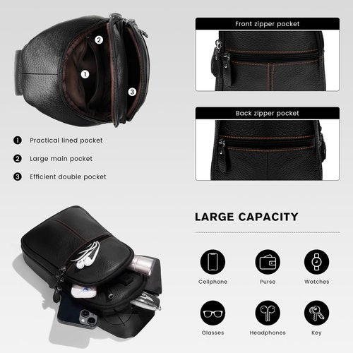 molshine Genuine Leather Sling Crossbody Bag,Fashion Chest,Casual Shoulder Bag for Men Women Work Travel Cycling HB024 (Black)