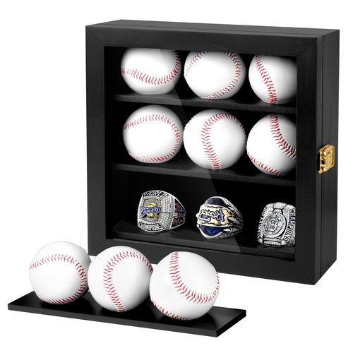 Baseball Display Case Championship Ring Display Case, Wooden Wall Cabinet with Lock for Collection Autographed Baseball Championship Ring, for Children