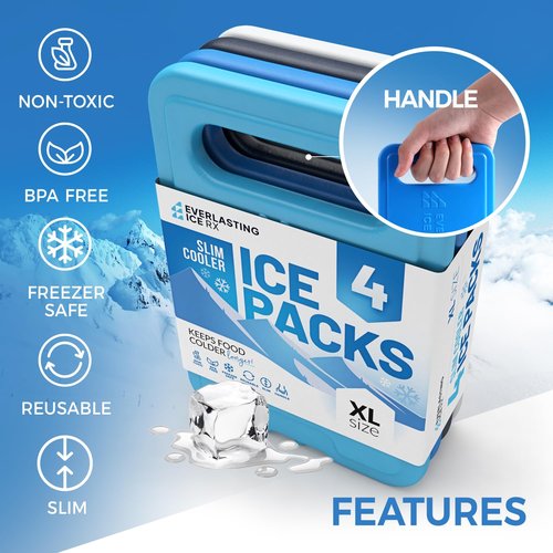 Reusable XL Slim Ice Packs for Lunch Boxes with Handle (4 Pack) BPA Free Freezer Packs | 6.5 x 4.5 in | Long Lasting Ice Pack for Insulated Bags, Picnic, Travel, and More