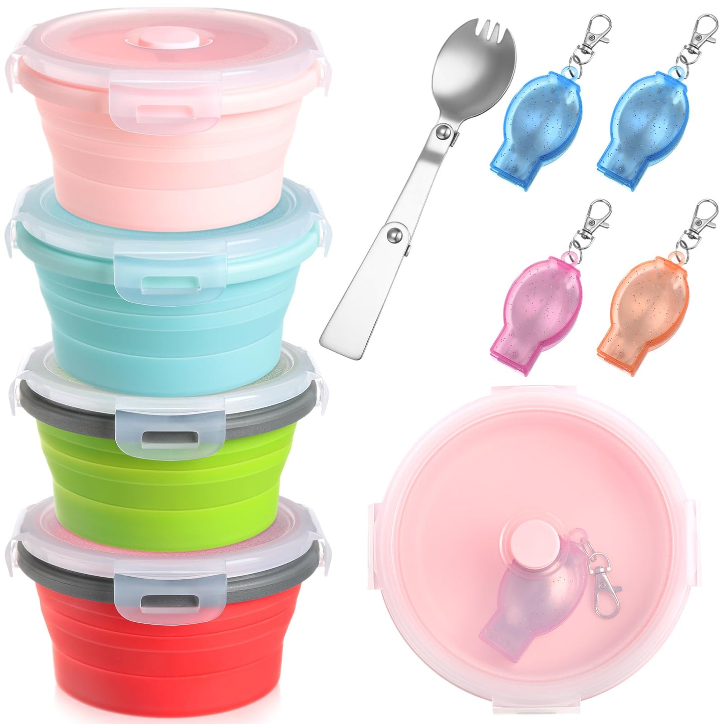 4 Sets Large Camping Bowl with Lid 41 oz Collapsible and Foldable Fork Silicone Lunch Box Salad Bowl Expandable Food Storage Container Travel for Hiking Camping