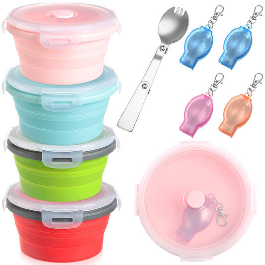 4 Sets Large Camping Bowl with Lid 41 oz Collapsible and Foldable Fork Silicone Lunch Box Salad Bowl Expandable Food Storage Container Travel for Hiking Camping