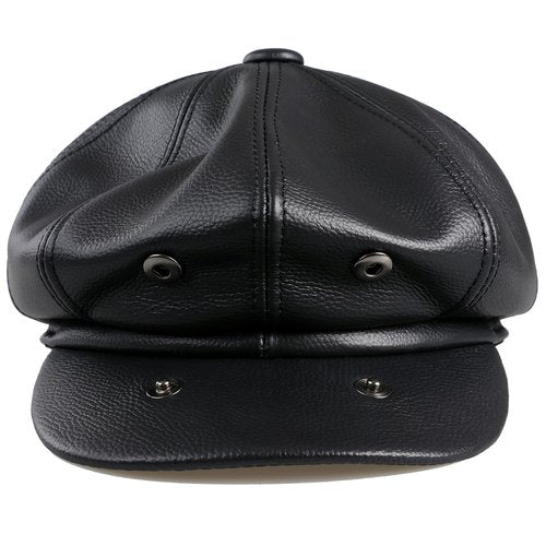 BOONJOVIA Men's Newsboy Flat Cap 100% Genuine Cowhide Leather Gatsby Ivy Golf Cabbie Hat (US, Alpha, Large, Black)