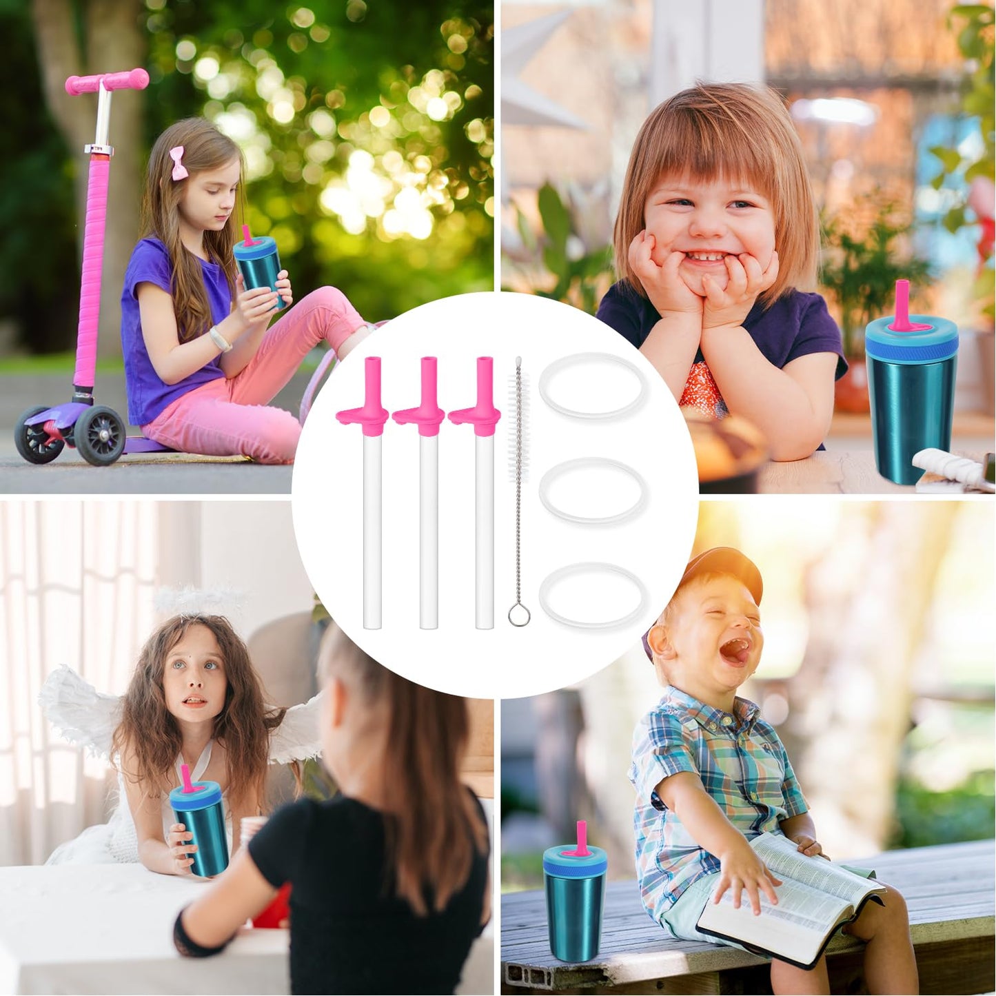 3pcs Replacement Straws with Bite Valve for Zak Designs Kelso Kids 15oz, BPA Free Reliable Straw Cup Accessories with Zak Designs and Reusable Gaskets Brush for Water Bottles (Pink)