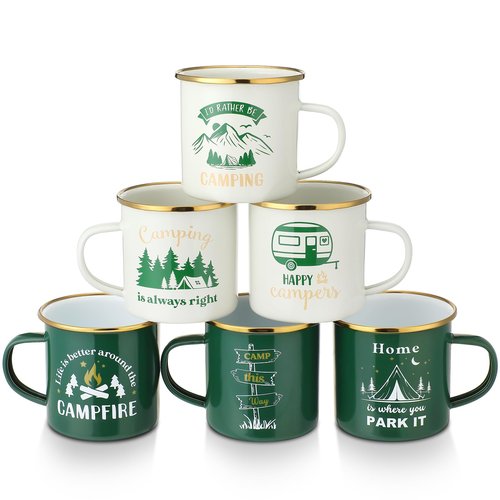 Pickmesh 6 Pcs Camping Mugs Enamel Cups 12oz Coffee Cups with Handle Camping Gifts for Outdoor Hiking Backpacking Lovers