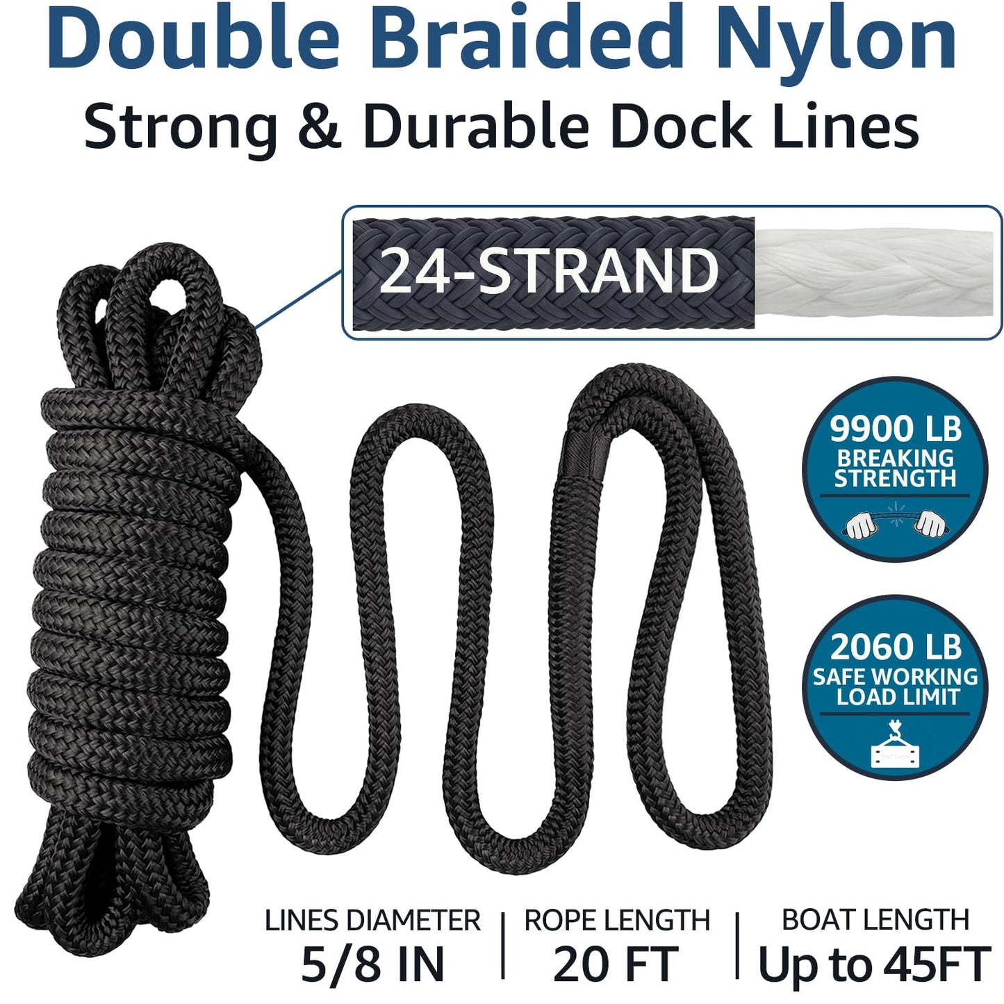 PACTHSD 4 Pack 5/8" x 20' Dock Lines - Marine Grade Nylon Boat Rope with 15" Loop for Docking and Mooring - Double Braided Boat Lines, High Strength, Easy Handling, Fray Resistant - Black