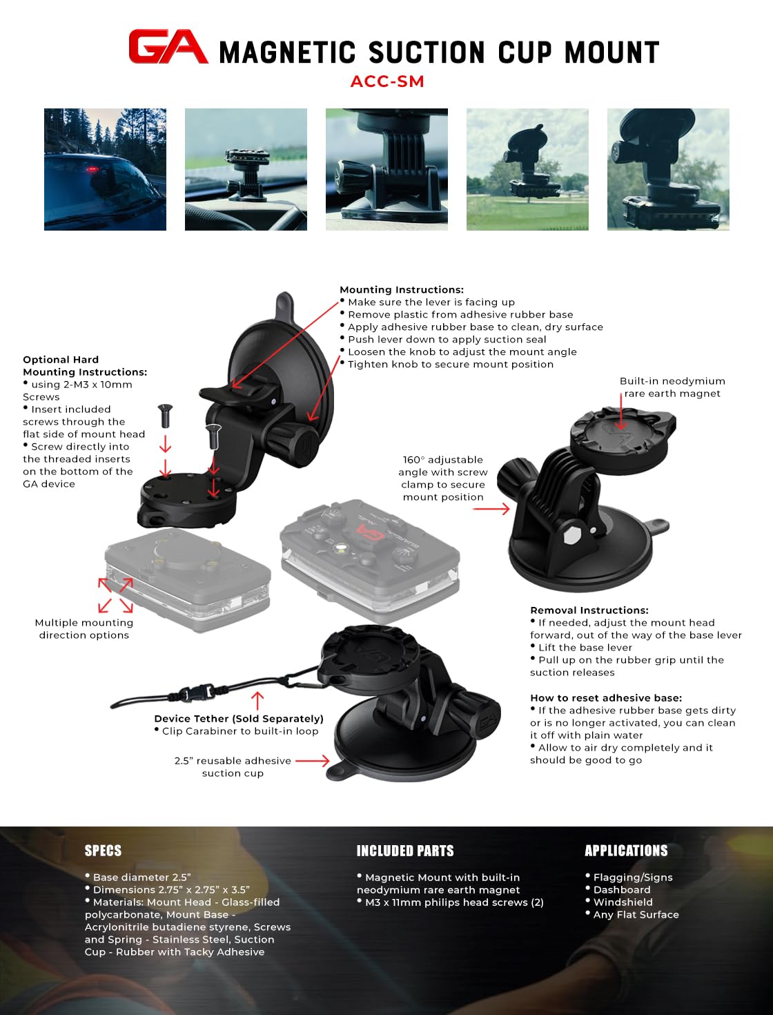 Guardian Angel Suction Cup Mount Accessory – Magnetic Mount with Screw-in Feature – Adhesive Rubber Suction Cup with Snap Lock – for Windshields, Dashes, Windows, Stop/Slow Signs & Smooth Surfaces