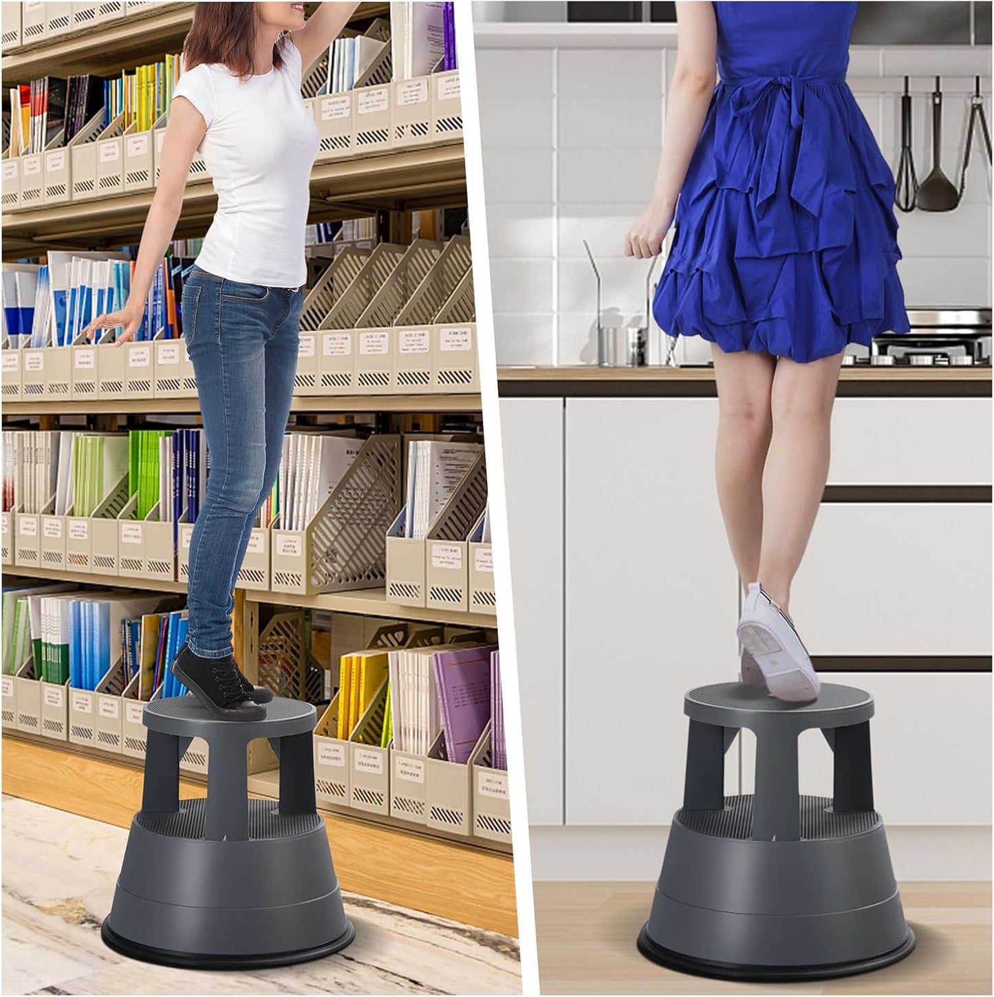 Giantex Rolling Step Stool, Library Stool w/Non-Slip Platform, Thick Rubber Ring, Outdoor Indoor Portable Round Step Stools with Wheels for Adults, Seniors, Kids, Max Load 330 lbs