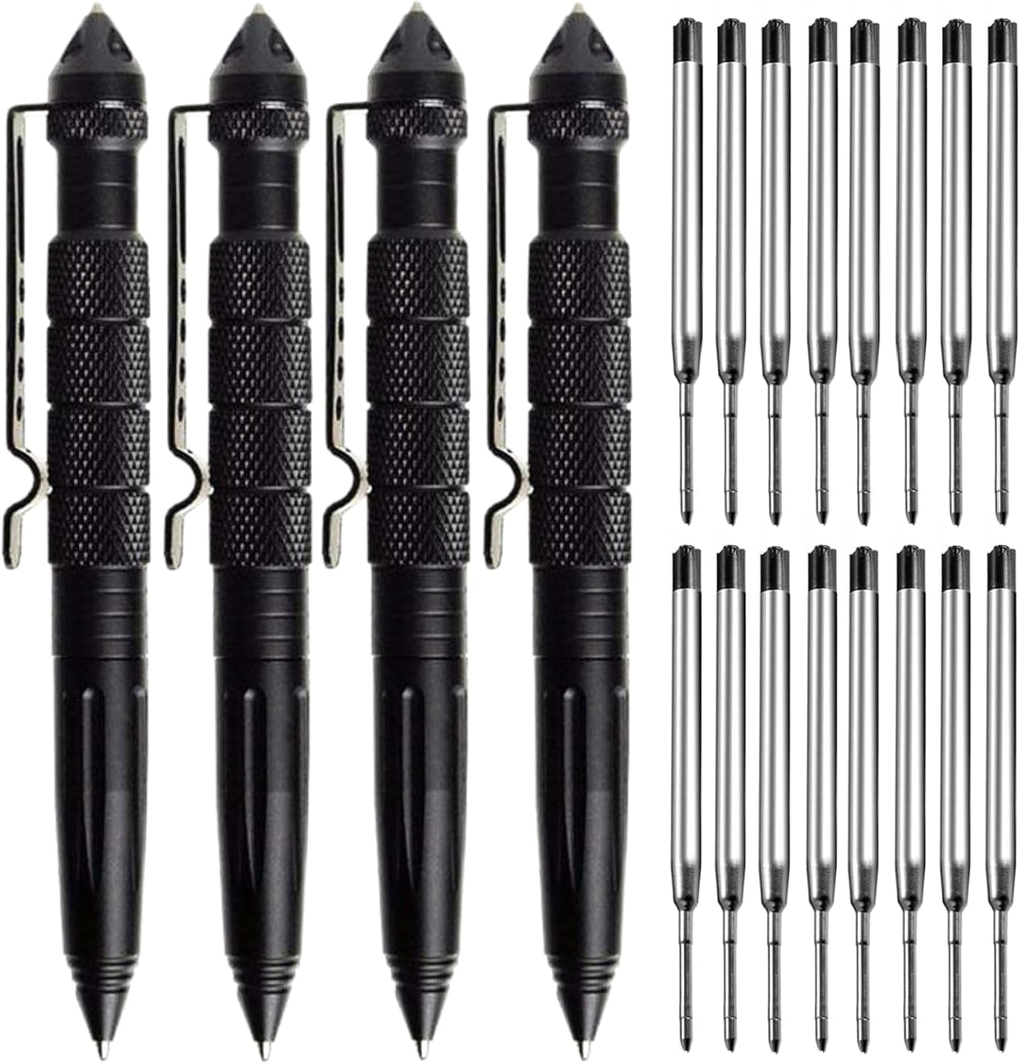 Tungsten Steel Military Tactical Pen - 2 Pack Emergency Self Defense with 8 Black Ballpoint Refills for Writing, Professional Glass Breaker Pen, Multitool for Father's Day