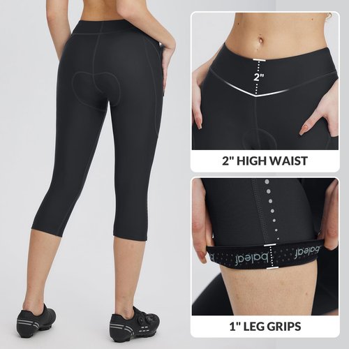 baleaf Women's Bike Pants Lycra Padded 3/4 Cycling Capris Shorts High Waist Biking Bicycle Padding Tights Black L