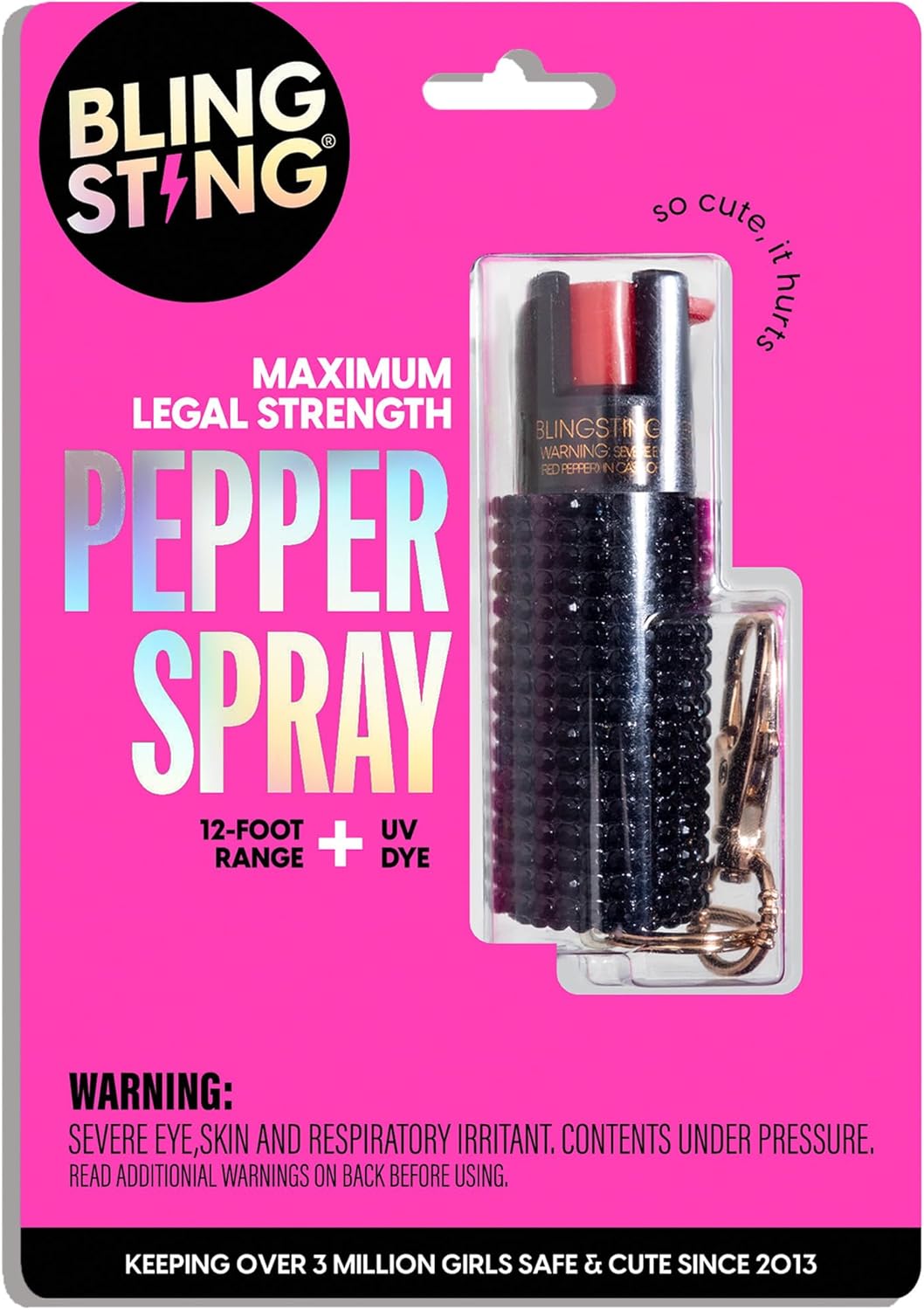 BLINGSTING Pepper Spray for Women - Maximum Strength OC Self Defense Spray - 12 ft Range - UV Marking Dye for Police ID - Swipe Safety Lock - Compact & Fashionable Keychain