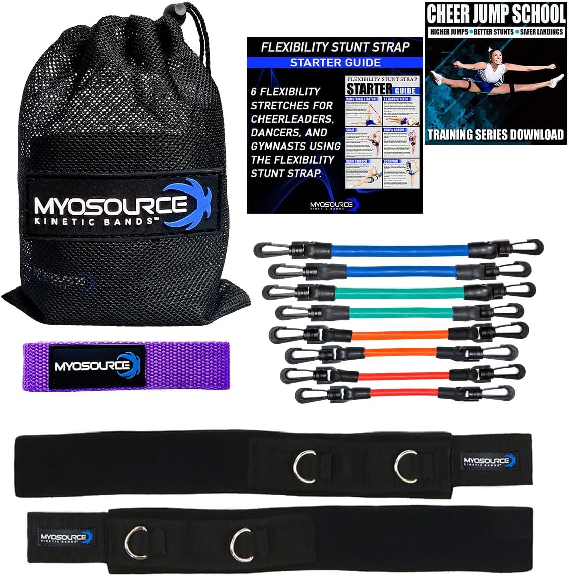 Cheer Kinetic Bands Cheerleader Flexibility and Strength Training | Improve Jumps, Stunts, Landings | 4-Level Leg Resistance Bands & 12 Stunt Strap Color Options, Digital Training Downloads
