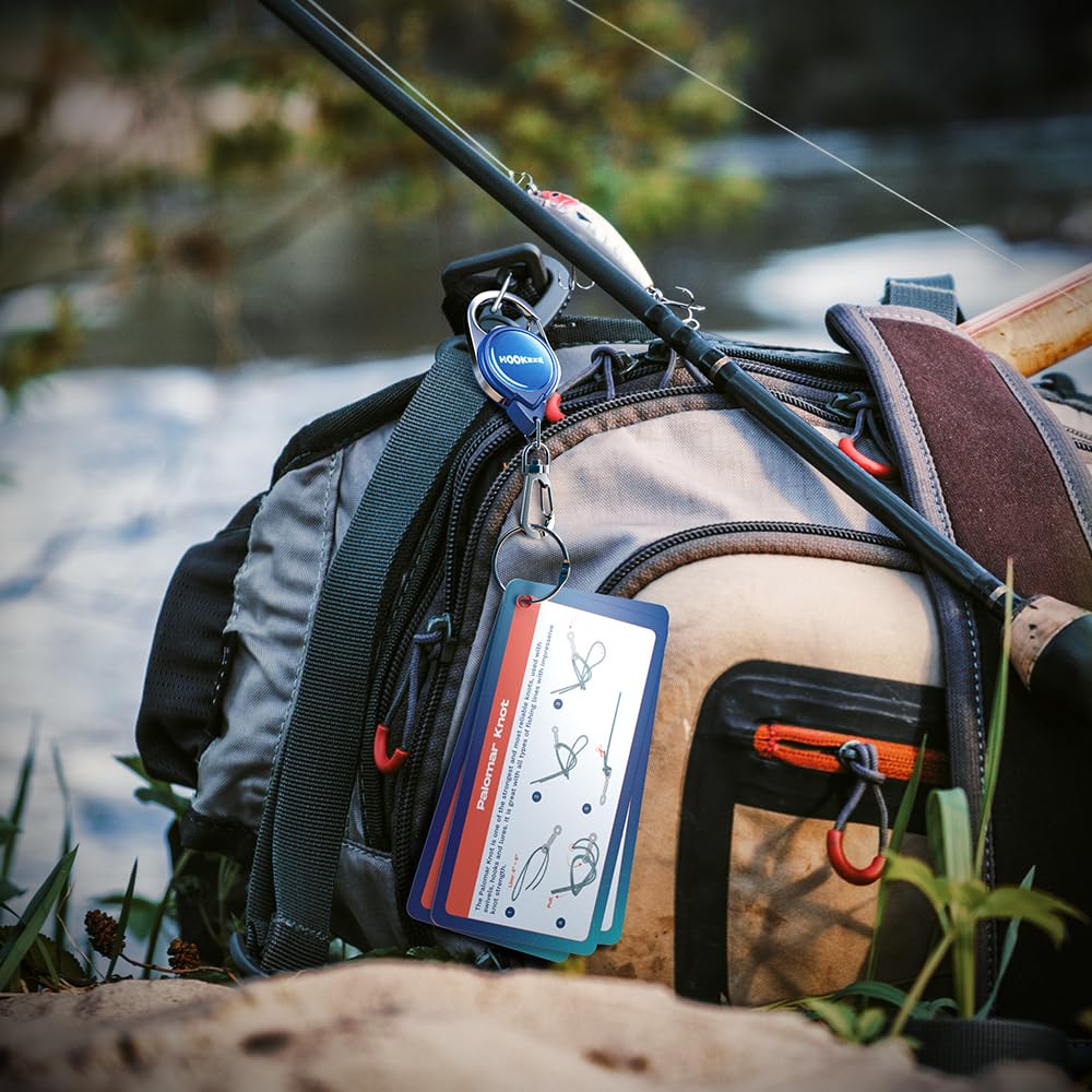 HOOK-EZE Fishing Knot Tying Cards, Waterproof Pocket Guide to 12 Essential Knots with Zinger Retractor, Fishing Gifts Gear Accessories for Men & Cool Gadgets Stuff Suppliers Tool for Beginner (Blue)