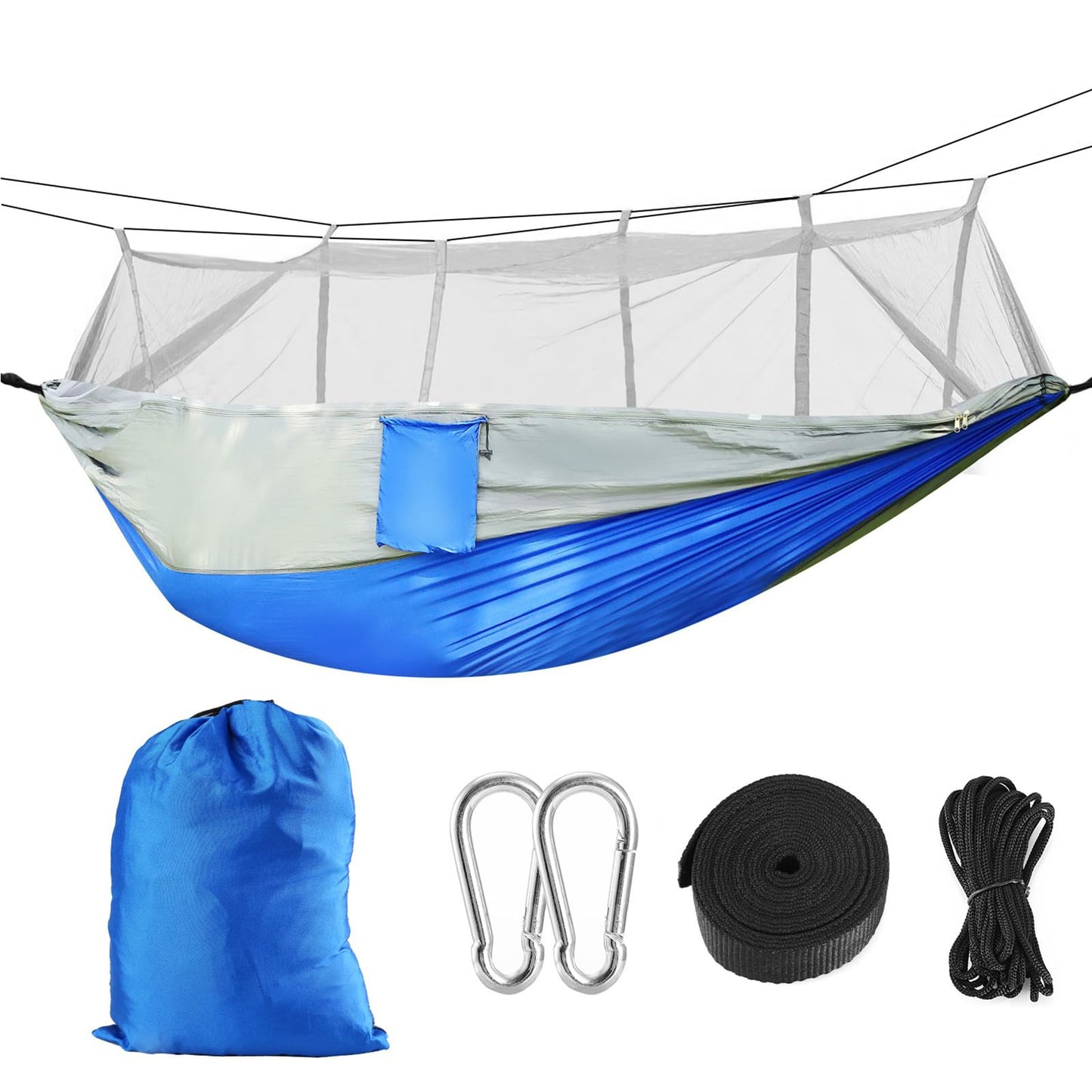 iMounTEK Camping Hammock 2 Persons Hammock with Mosquito Net for Bed Outdoor 600Lbs Load Hiking Camping Hammock& Hanging Kit Portable Nylon Swing Hanging Bed, Patio, Camping,Travel (Grey-Blue)