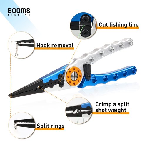 Booms Fishing X1 Aluminum Fishing Pliers Hook Remover, Braided Fishing Line Cutting and Split Ring Pliers with Coiled Lanyard and Sheath, Blue with Lock