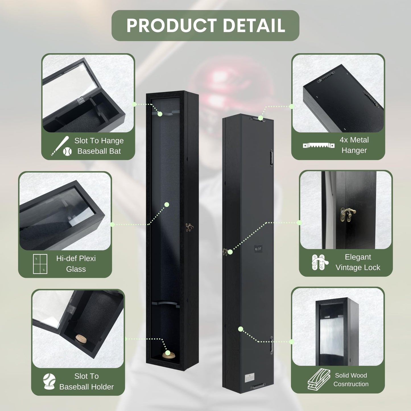 ILOT Baseball Bat Display Case Solid Wood Frame Ball Holder Stand Showcase Display Cabinet with UV Protected Acrylic Wall Mounted Shadow Box Vertical and Horizontal