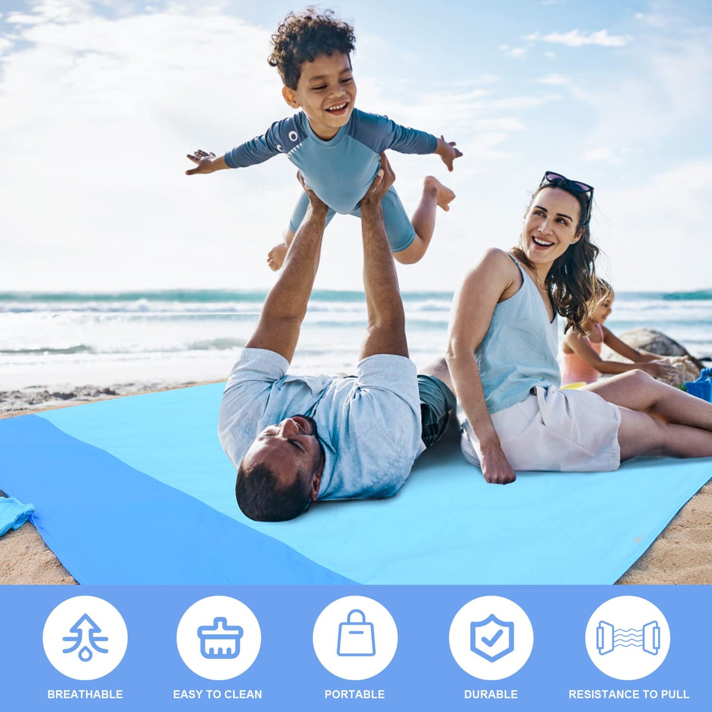 imgokaha Beach Blanket with Umbrella Hole, Large Beach Blanket Waterproof Sandproof, Comfortable Nylon Beach Mat Lightweight with 4 Stakes & 4 Corner Pockets Blue 7FT