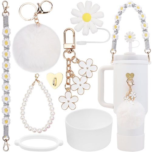 Cup Accessories for Stanley 30oz 40oz Tumbler with Handle - Water Bottle Handle Strap,Siliocne Cup Boot,Personality Pearl Keychain Charms Set,Straw Topper Cover Cap for Stanley