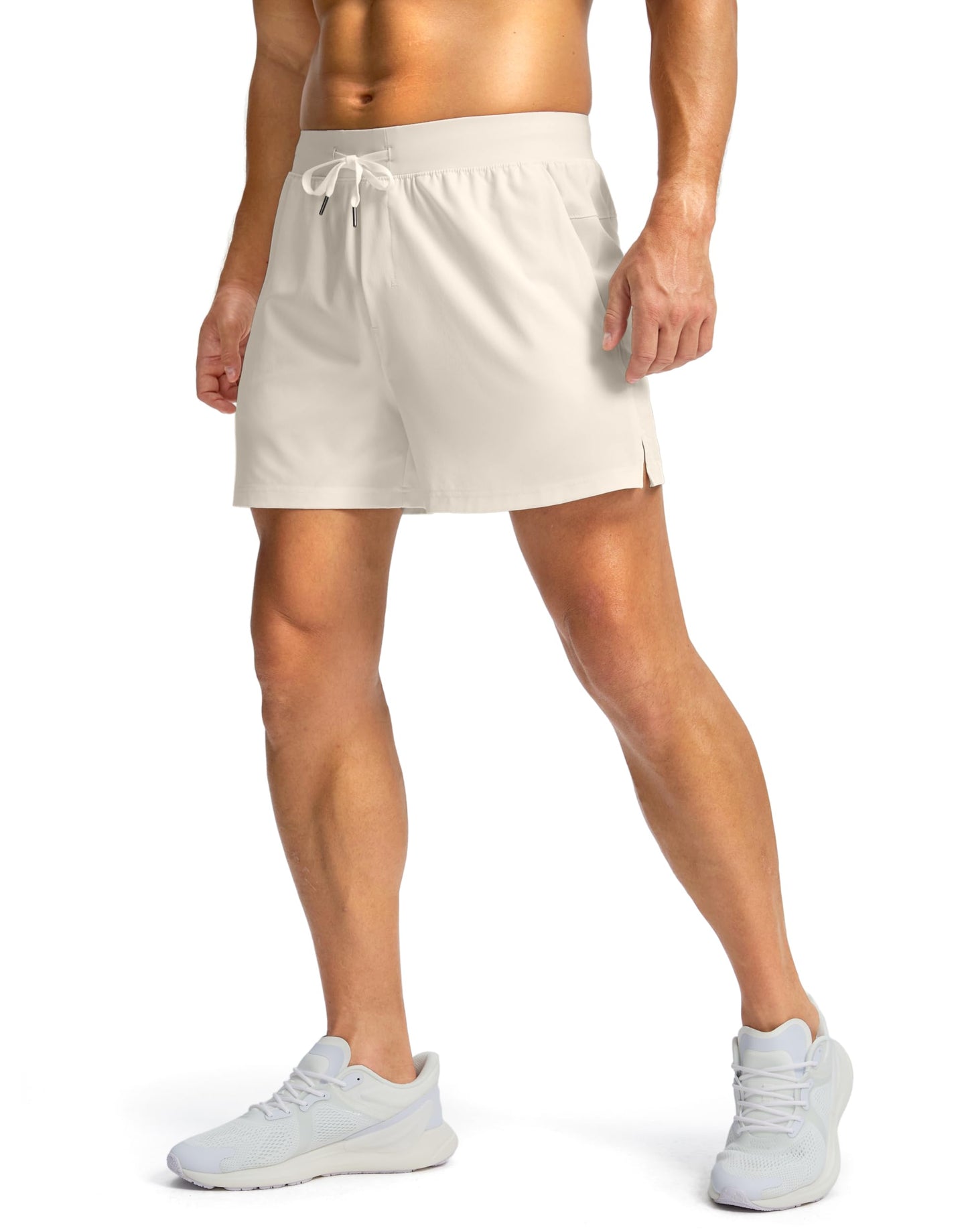 Soothfeel Men's Running Shorts with Zipper Pockets 5 Inch Lightweight Quick Dry Basketball Gym Workout Athletic Shorts for Men (Bone, M)