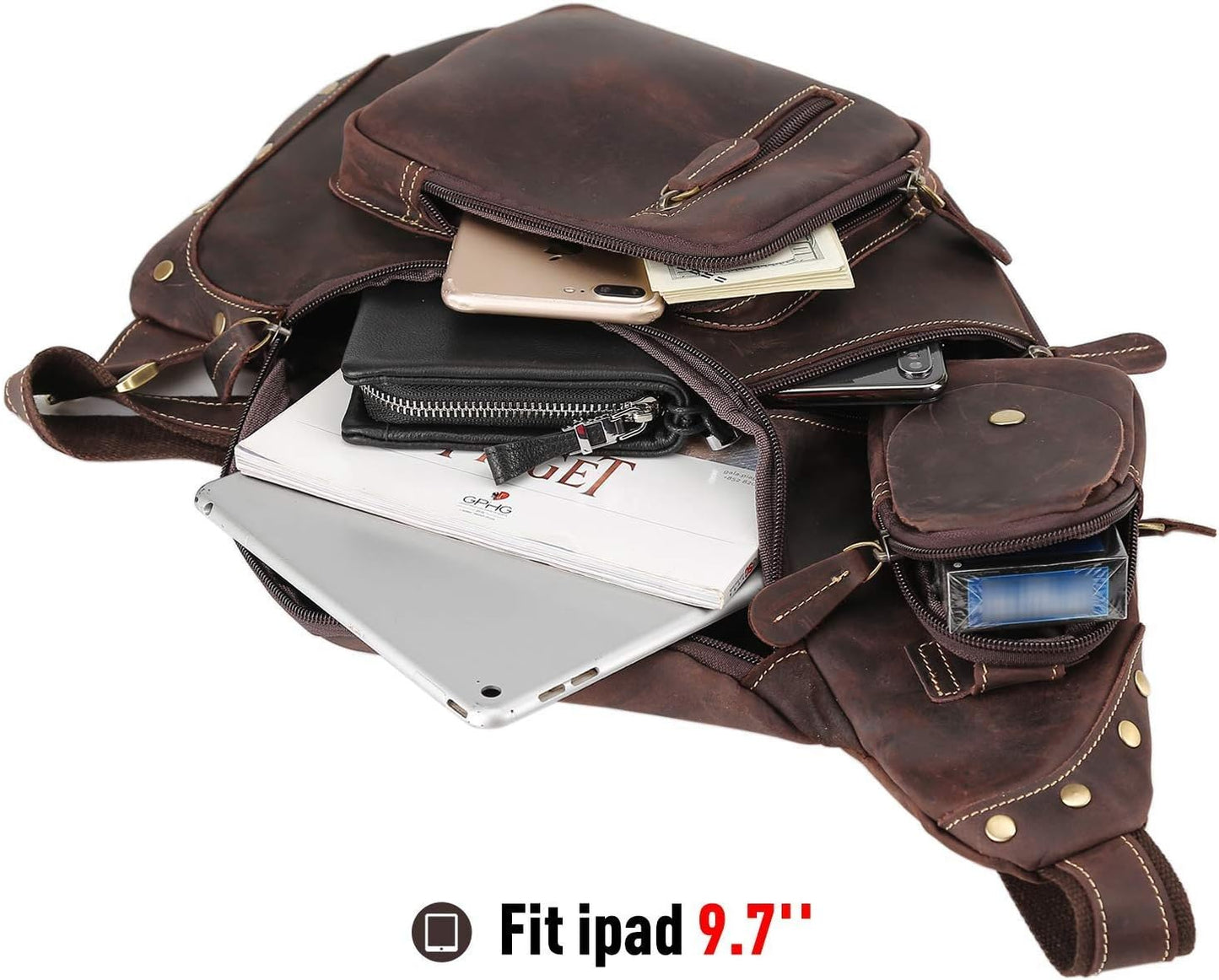 Polare Full Grain Leather Cross Body Sling Bag Chest Bag Backpack Outdoor Camping Tactical Daypack