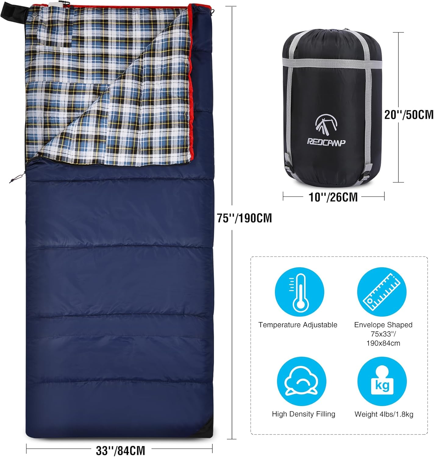 REDCAMP Cotton Flannel Sleeping Bag for Camping Backpacking, Adults Cold Weather Envelope Sleeping Bags with 2/3/4/6lbs Filling
