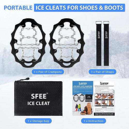 Sfee Crampons for Shoes and Boots - Non Slip Gripper Spikes with Stainless Steel Chains, Traction Cleats for Snow and Ice, Hiking, Climbing, Ice Fishing (M)