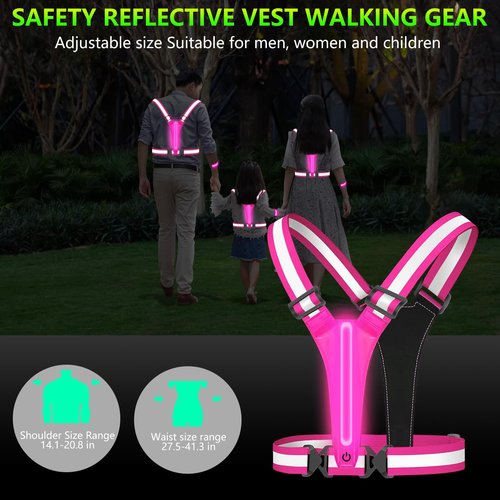 Uwqaqx LED Reflective Running Vest with Wristband, Tpye-C Rechargeable Light Up Running Vest for Women Men, Running Lights for Runner, Safety Gear for Walking, Running, Cycling (Pink+1 Armband)