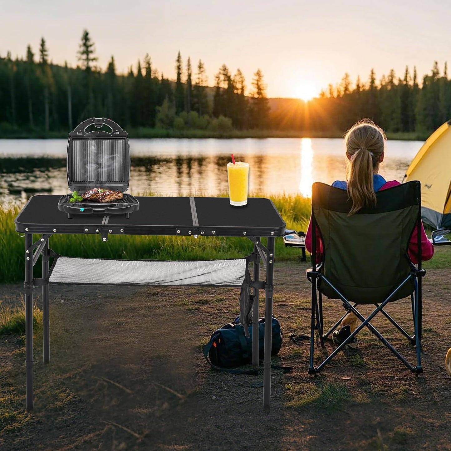 Geastsheng Portable Folding Camping Table, Lightweight Aluminum Outdoor Picnic Table with Adjustable Height, Compact & Sturdy Kid Table for Camping, Hiking, Backyard, Beach, Black