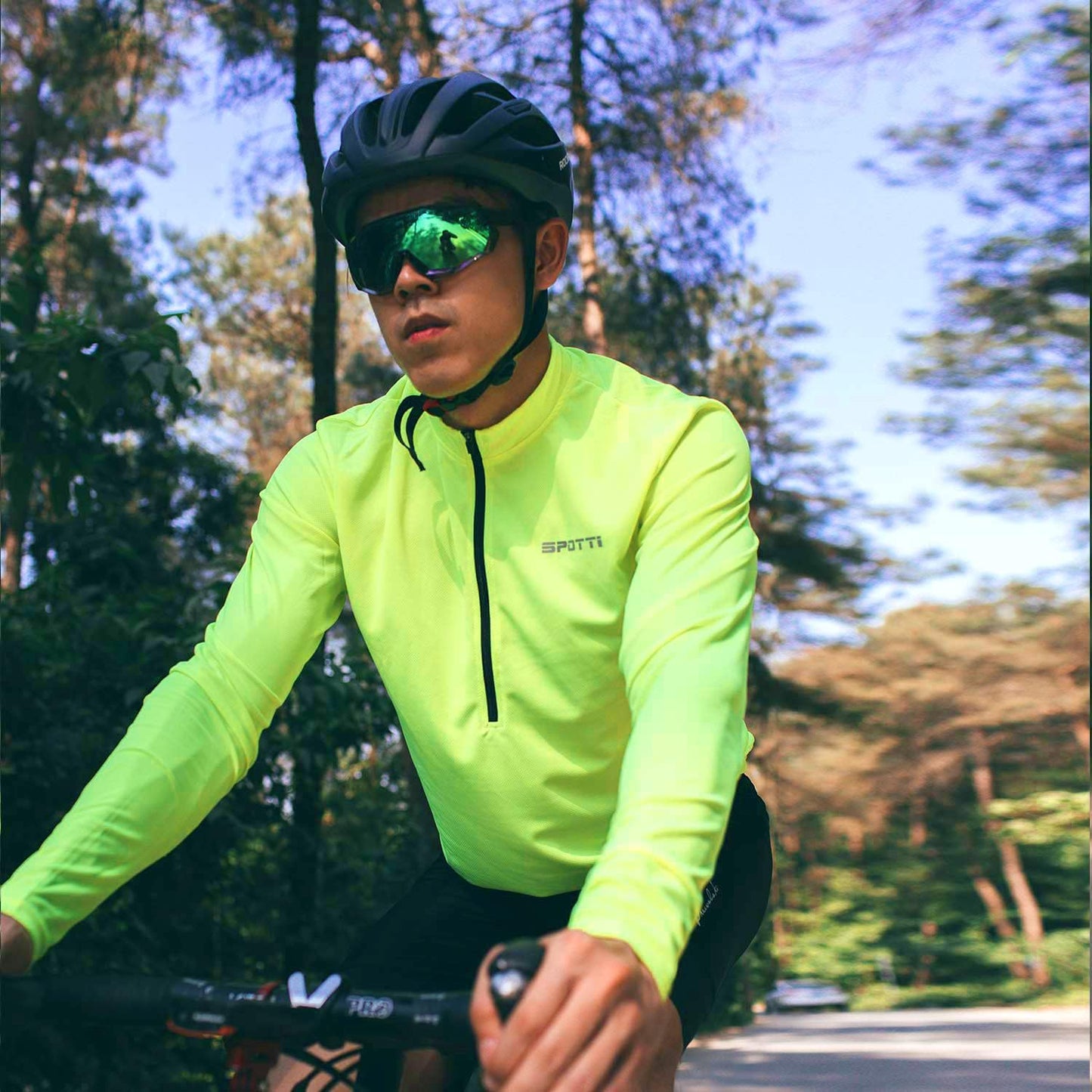 Spotti Men's Cycling Bike Jersey Long Sleeve with 3 Rear Pockets - Moisture Wicking, Breathable, Quick Dry Biking Shirt