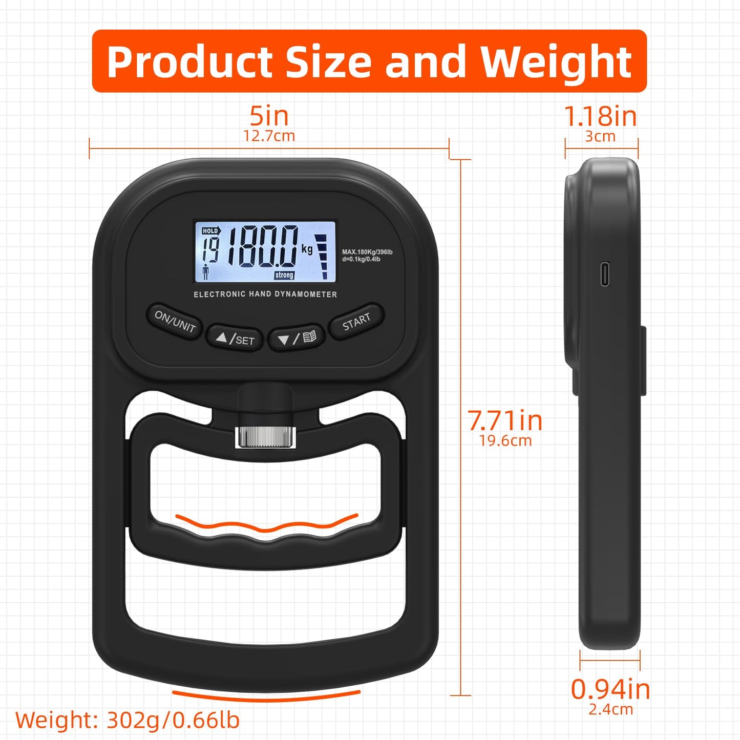 inaepeak 396lbs / 180kg Grip Strength Tester, Rechargeable Electronic Hand Dynamometer, Digital Grip Strength Tester with LCD Display, Adjustable Hand Grip Dynamometer Hand Exercisers for Strength