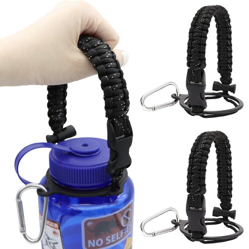 LUTQ 2 Packs Cap Strap for 32oz Wide Mouth Nalgene Bottles - Durable Paracord Strap with Aluminum Alloy Safety Buckle - Handle Compatible with Nalgene - Nocturnal Black